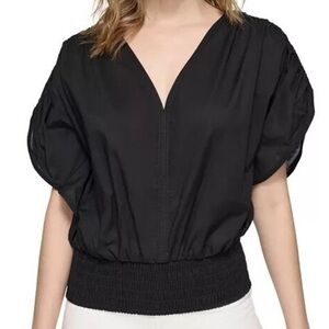 CALVIN KLEIN BLOUSE SMOCKED WAIST V-NECK WOMENS COTTON BLACK COLOR SIZE MEDIUM